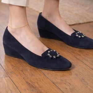 Thierry Rabotin Navy Suede Wedge Loafers Made in Italy Comfort Shoes EU 37 US 7